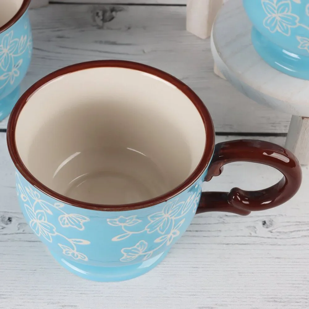 Tempt-ations Floral Lace Light Blue 10 oz Footed Tea Cups Set of 4 Rare Find!